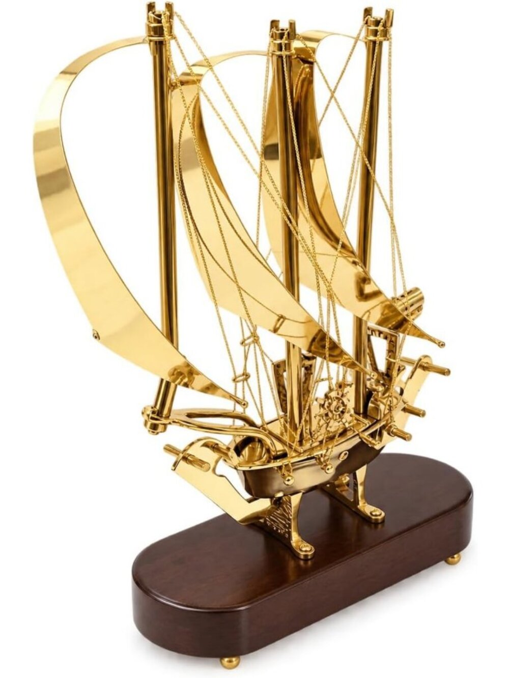 Elegant Brass Nautical Sailboat Decor Model with Wooden Base - Coastal Home
